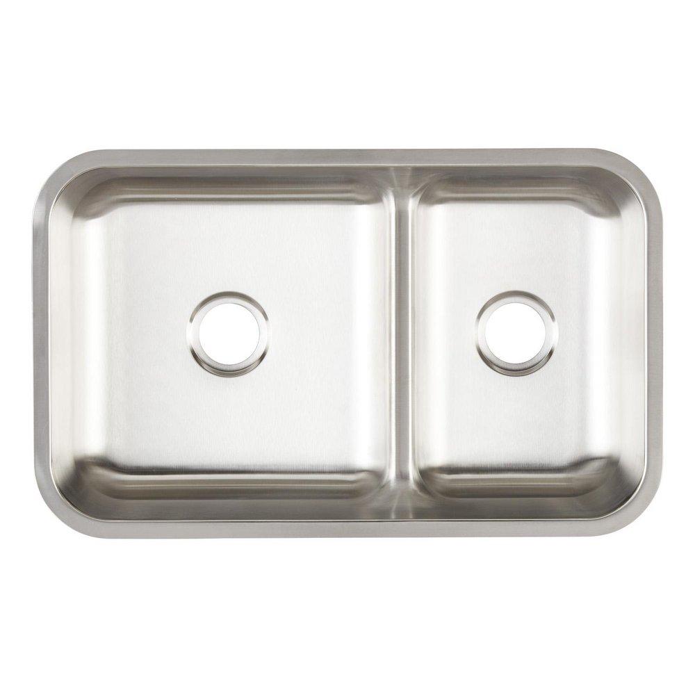Signature Hardware Brushed Stainless Steel 34 x 21 in. No Hole 60/40 Double Bowl Undermount Kitchen Sink 