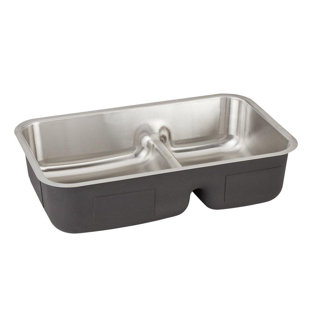 Signature Hardware Brushed Stainless Steel 34 x 21 in. No Hole 60/40 Double Bowl Undermount Kitchen Sink 