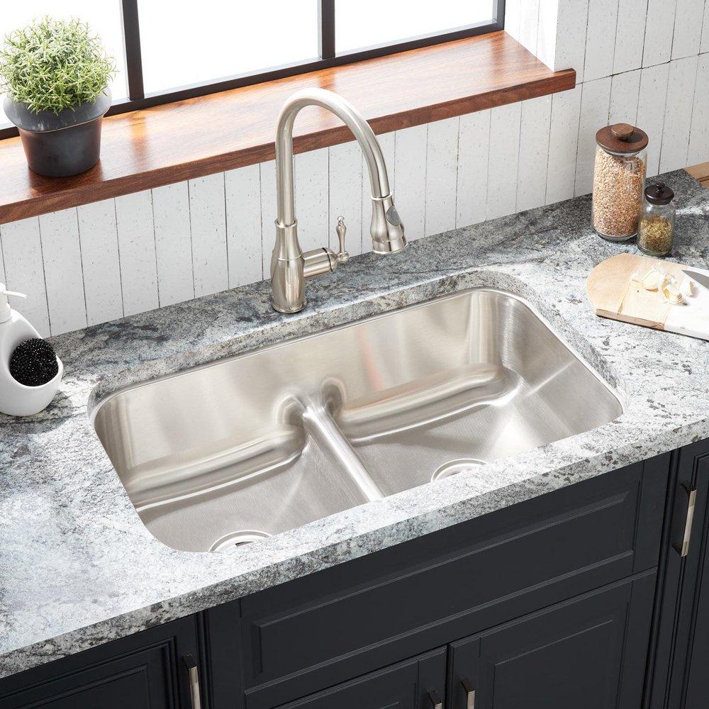 Signature Hardware Brushed Stainless Steel 32 x 18-1/2 in. Stainless Steel Double Bowl Undermount Kitchen Sink 