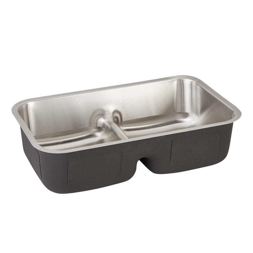 Signature Hardware Brushed Stainless Steel 32 x 18-1/2 in. Stainless Steel Double Bowl Undermount Kitchen Sink 