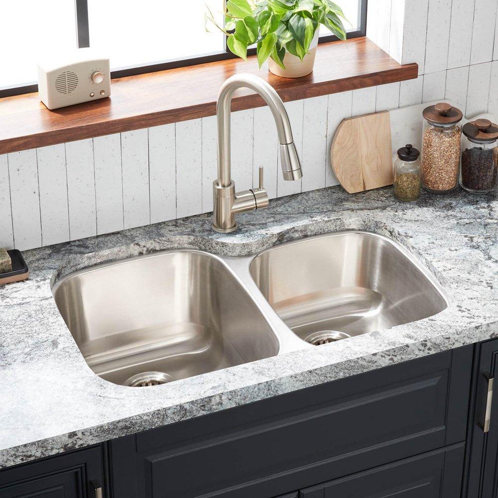 Signature Hardware Brushed Stainless Steel 31-5/8 x 20-5/16 in. No Hole Stainless Steel Double Bowl Undermount Kitchen Sink 
