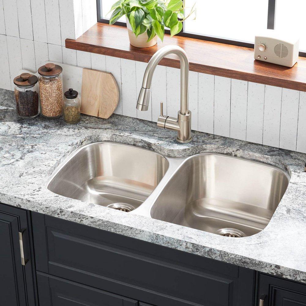 Signature Hardware Brushed Stainless Steel 31-5/8 x 20-5/16 in. No Hole Stainless Steel Double Bowl Undermount Kitchen Sink 