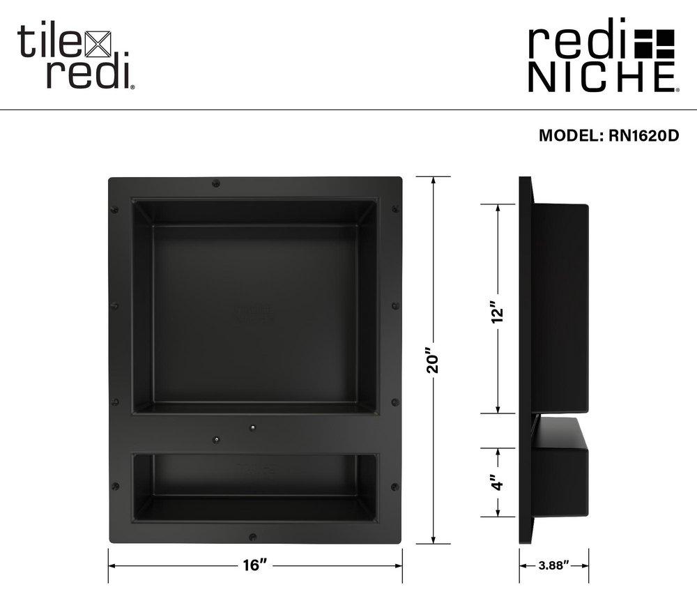 Tile Redi USA Black 16 x 4 in. Standard Double Recessed Shelf 