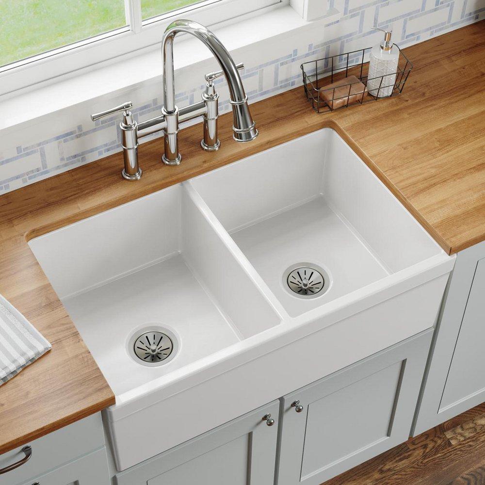 Elkay White 33 x 19-15/16 in. Fireclay Double Bowl Farmhouse Kitchen Sink 