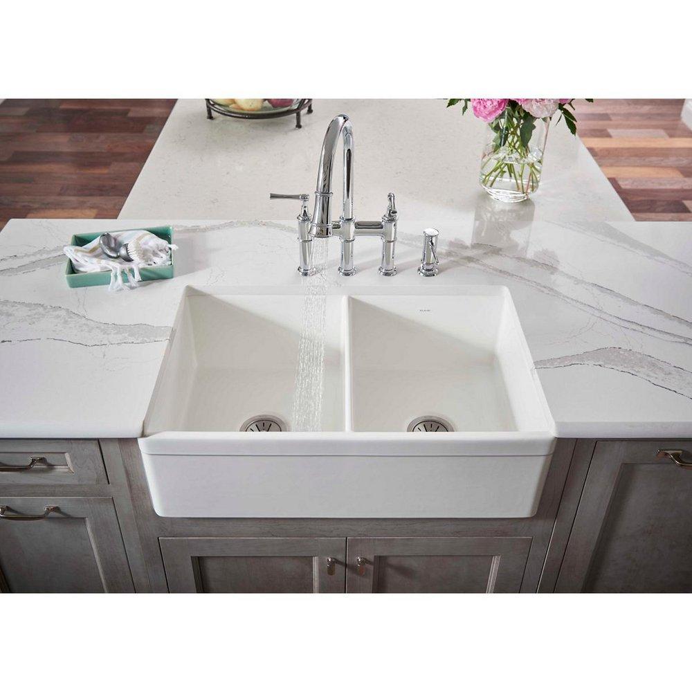 Elkay White 33 x 19-15/16 in. Fireclay Double Bowl Farmhouse Kitchen Sink 