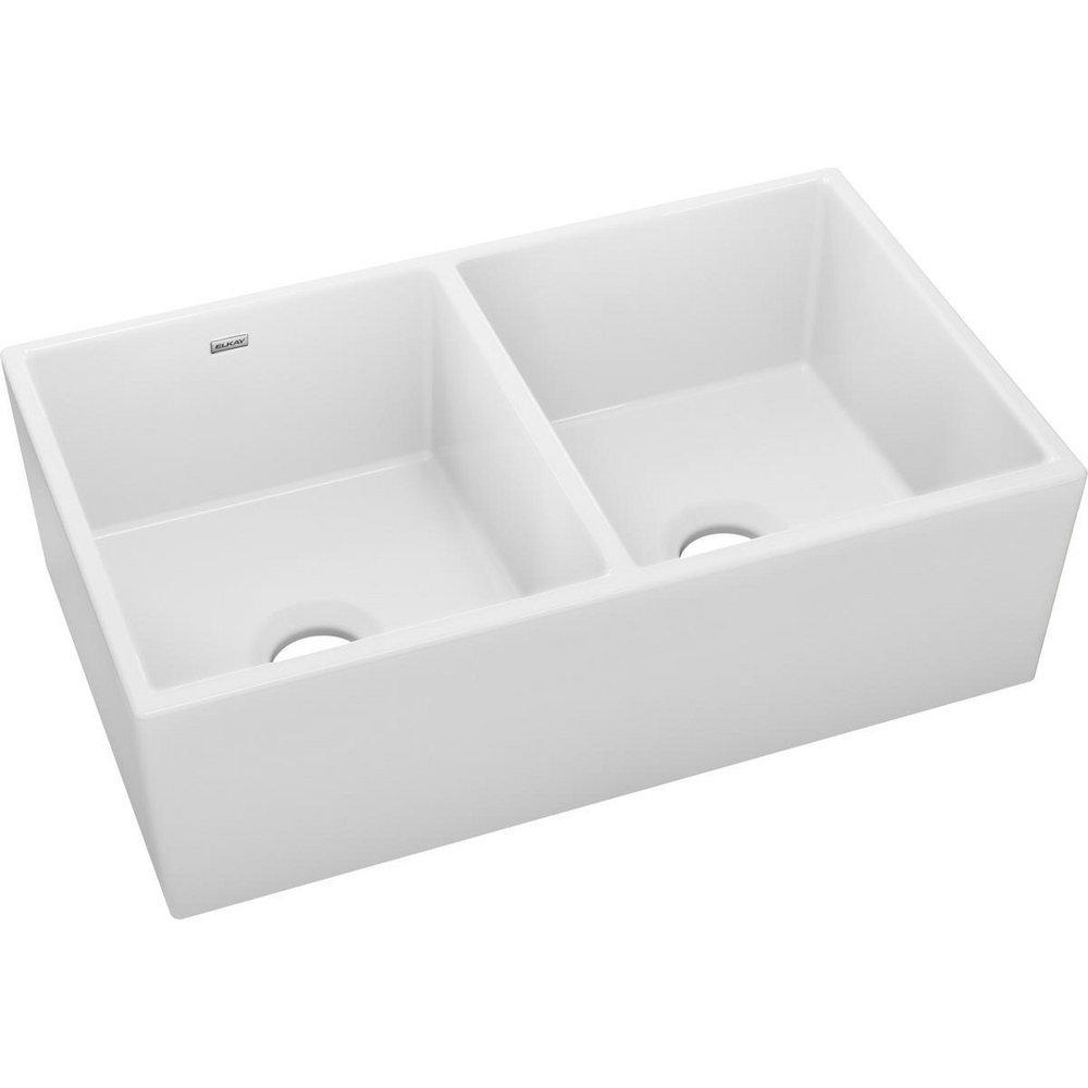 Elkay White 33 x 19-15/16 in. Fireclay Double Bowl Farmhouse Kitchen Sink 