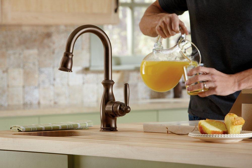 Moen Oil Rubbed Bronze Single Lever Handle Pull Down Bar Faucet with Power Clean and Reflex Technology 