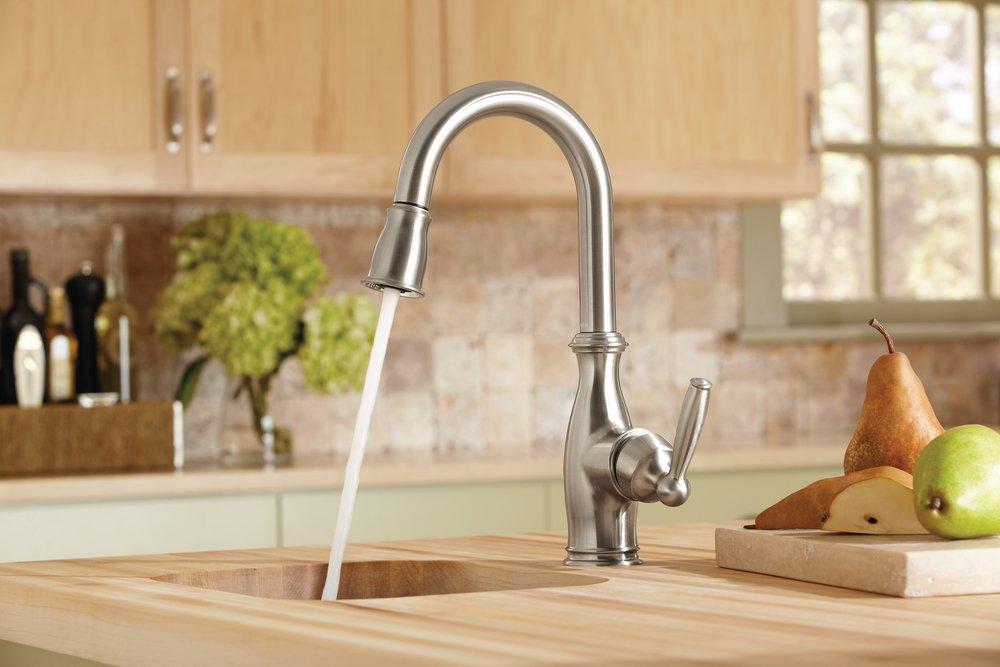 Moen Polished Chrome Single Lever Handle Pull Down Bar Faucet with Power Clean and Reflex Technology 