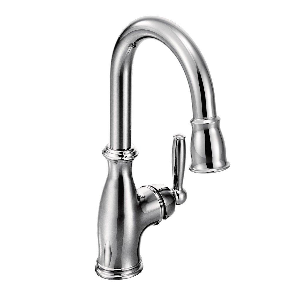 Moen Polished Chrome Single Lever Handle Pull Down Bar Faucet with Power Clean and Reflex Technology 