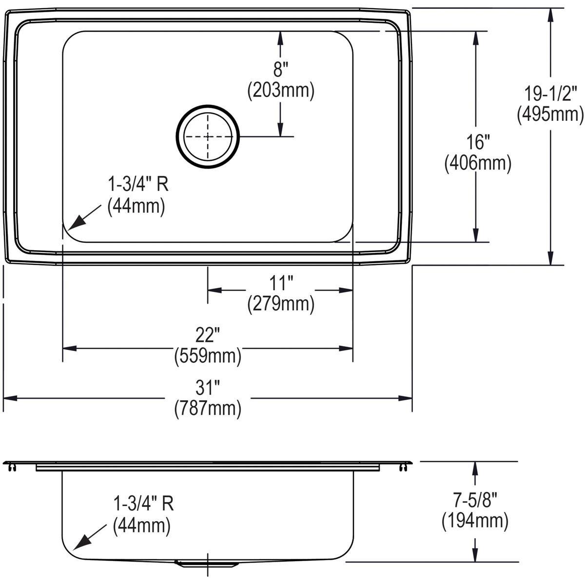 Elkay Lustertone 16-1/2 x 20-1/2 in. No Hole Single Bowl Undermount Stainless Steel Bar Sink with Rear Center Drain 