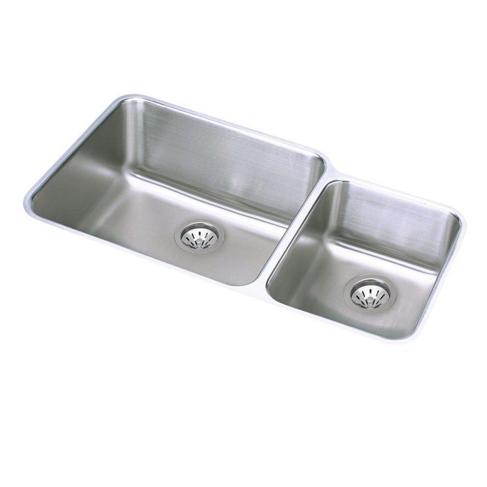 Elkay Lustrous Satin 35-1/4 x 20-1/2 in. No Hole Stainless Steel Double Bowl Undermount Kitchen Sink 