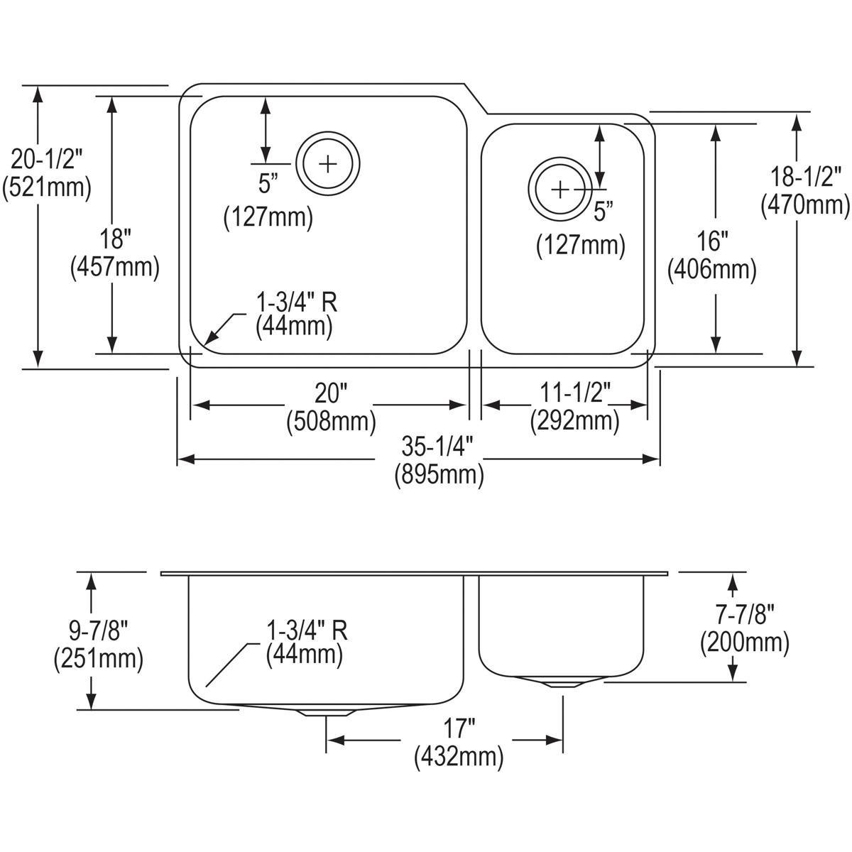 Elkay Lustrous Satin 35-1/4 x 20-1/2 in. No Hole Stainless Steel Double Bowl Undermount Kitchen Sink 