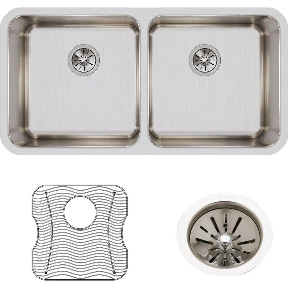Elkay Lustrous Satin 35-3/4 x 18-1/2 in. No Hole Stainless Steel Double Bowl Undermount Kitchen Sink 