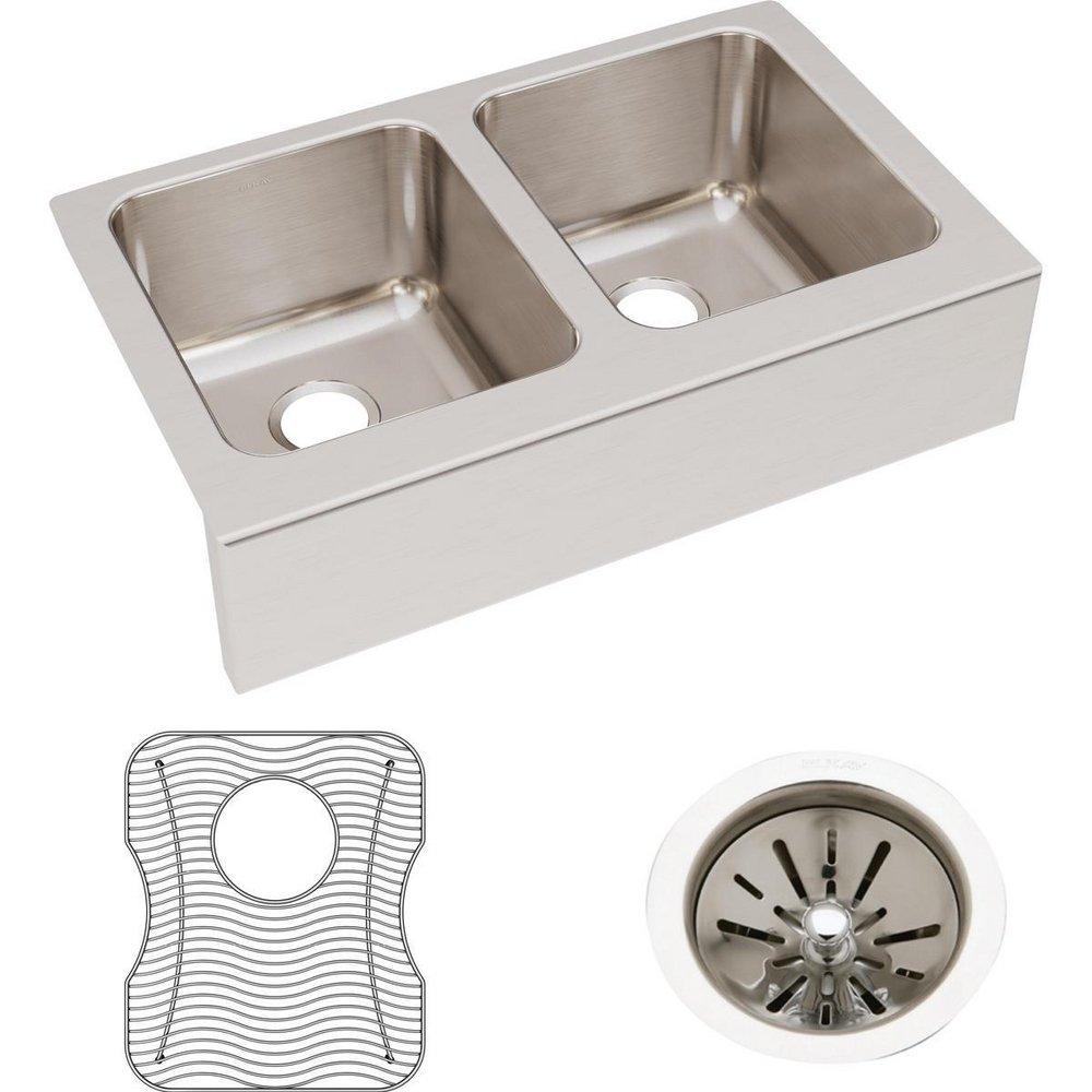 Elkay Lustertone 33 x 20-1/2 in. Stainless Steel Double Bowl Farmhouse Kitchen Sink with Sound Dampening - Includes Bottom Grid and Drain 