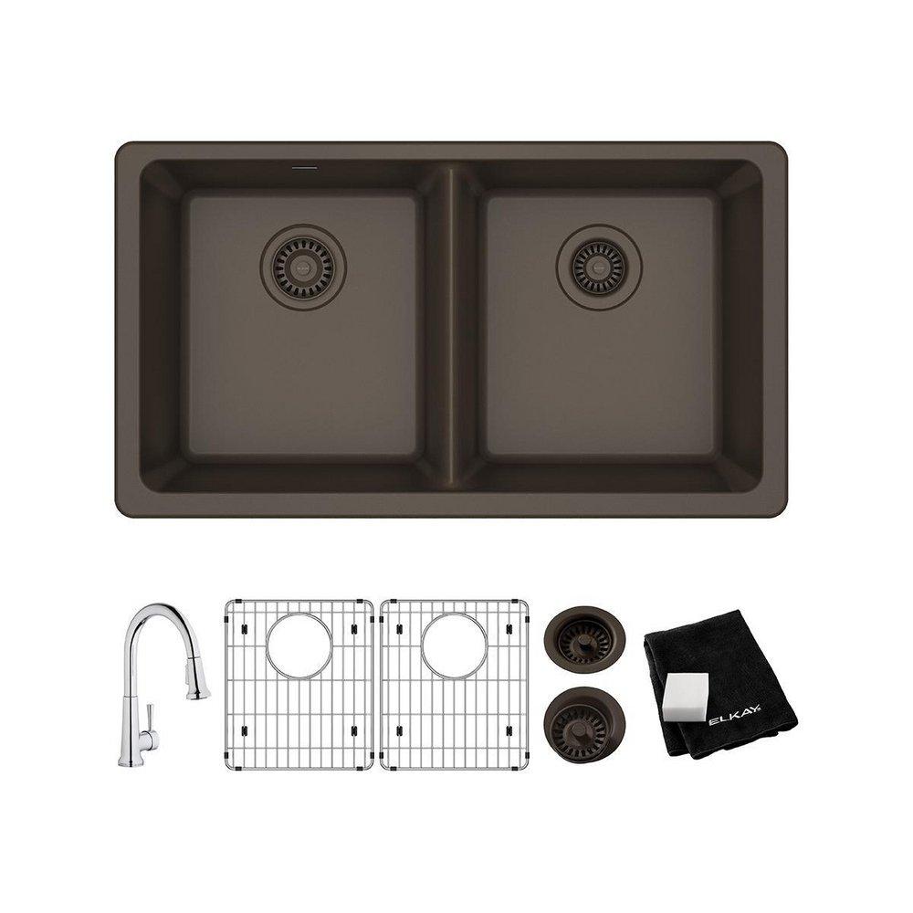 Elkay Lustertone 33 x 20-1/2 in. Stainless Steel Double Bowl Farmhouse Kitchen Sink with Sound Dampening - Includes Bottom Grid and Drain 