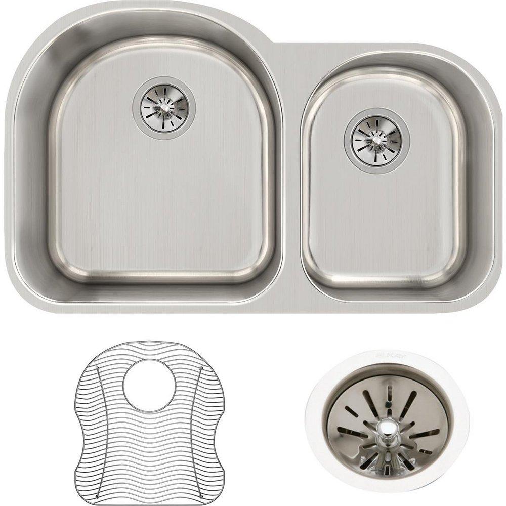 Elkay Stainless Steel Double Bowl Undermount Kitchen Sink with Rear Center Drain Kit 