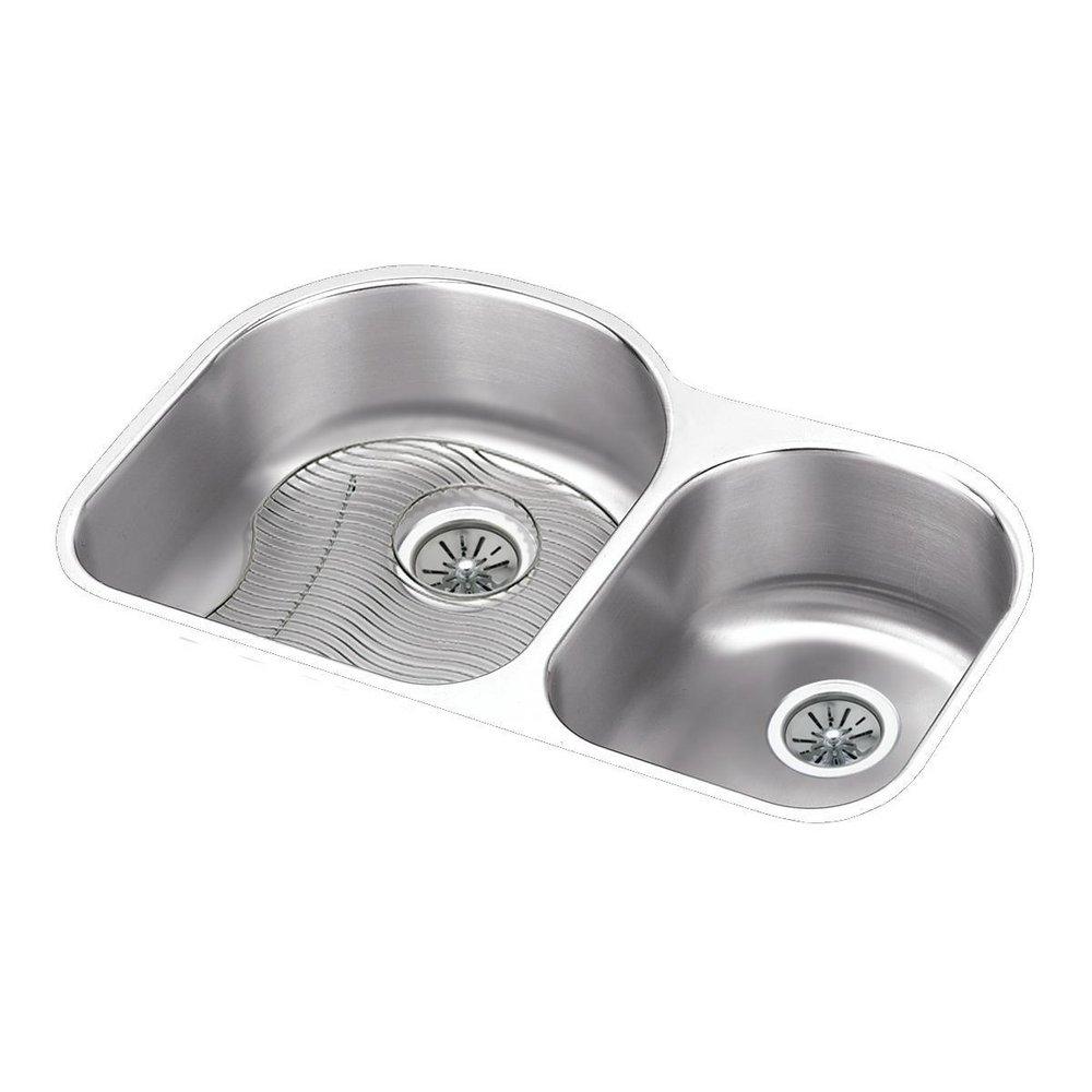 Elkay Stainless Steel Double Bowl Undermount Kitchen Sink with Rear Center Drain Kit 