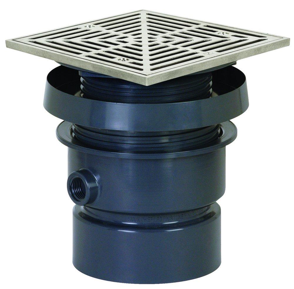 Sioux Chief Hub PVC Floor Drain Assembly with 7 in. Square 304 Stainless Steel Grate and Ring and Strainer 