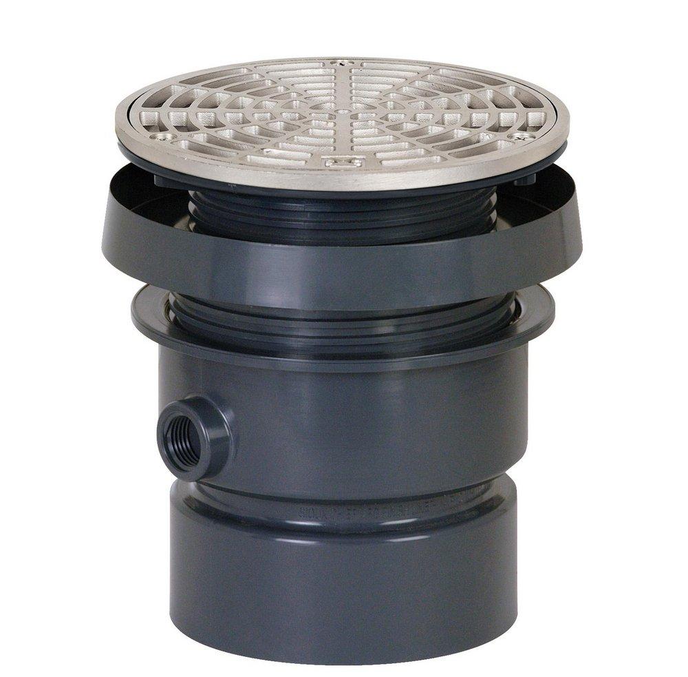 Sioux Chief Hub PVC Floor Drain Assembly with 7 in. Square 304 Stainless Steel Grate and Ring and Strainer 