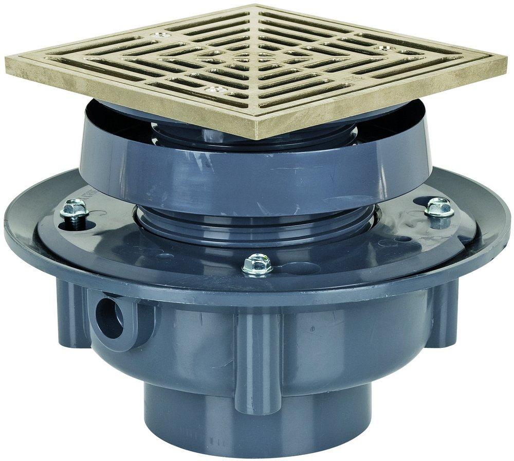Sioux Chief Hub PVC Floor Drain Assembly with 6-1/2 in. Square Nickel Bronze Grate and Ring and Strainer 