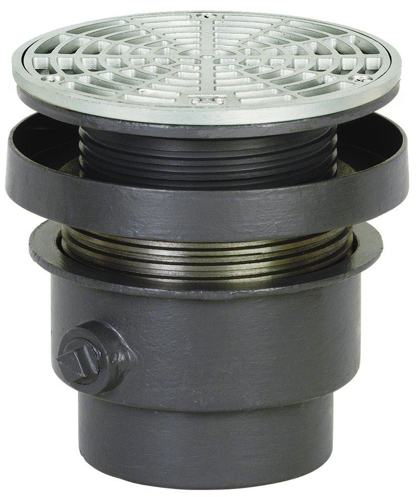 Sioux Chief No Hub Ductile Iron Floor Drain Assembly with 6-1/2 in. Round 304 Stainless Steel Grate and Ring and Strainer 