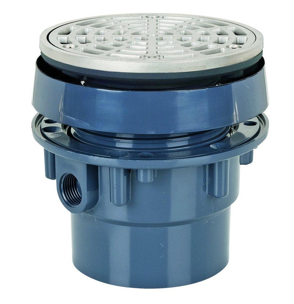 Sioux Chief Hub PVC Floor Drain Assembly with 5-1/2 in. Round 304 Stainless Steel Grate and Ring and Strainer 