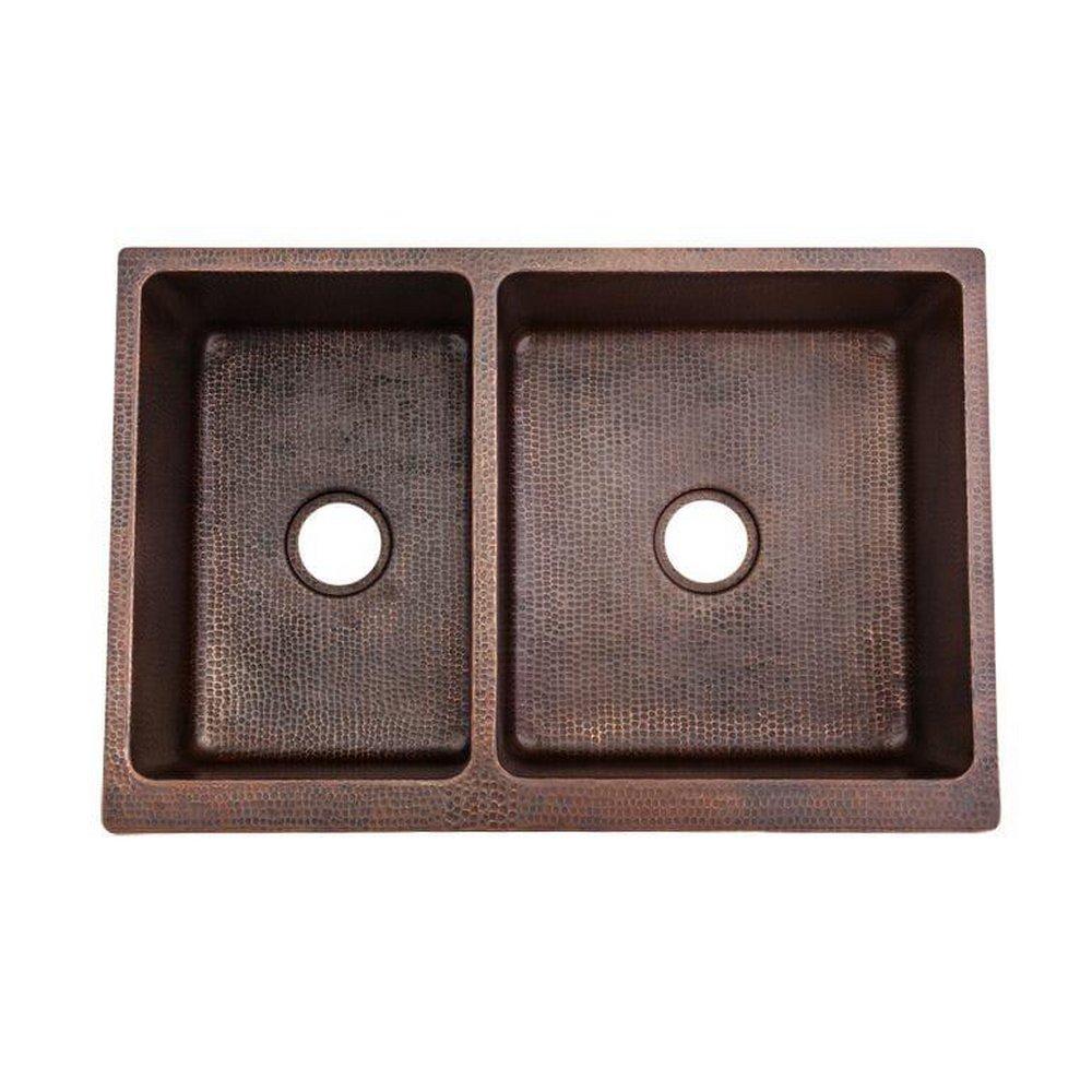 Premier Copper Products Oil Rubbed Bronze 33 x 22 in. No Hole Copper 2 Bowl Farmhouse and Dual Mount Kitchen Sink 