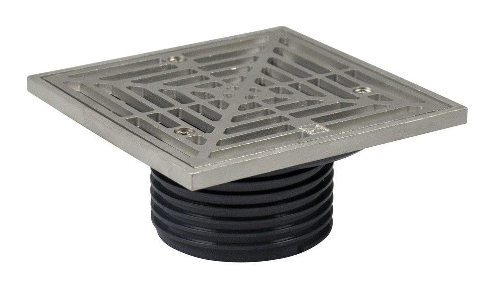 Sioux Chief Hub PVC Floor Drain Fixture with 5-7/8 in. Square 304 Stainless Steel Grate and Ring and Strainer 