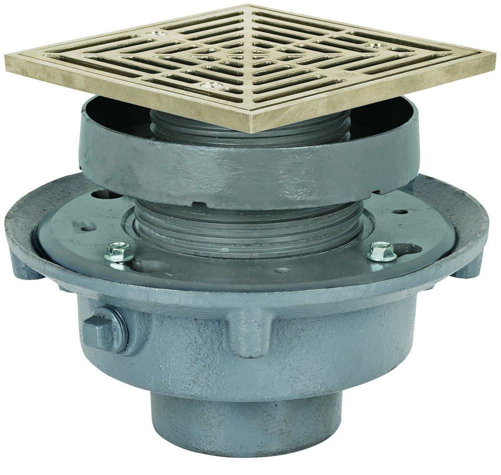 Sioux Chief No Hub Cast Iron Floor Drain Assembly with Square Nickel Bronze Grate and Ring and Strainer 