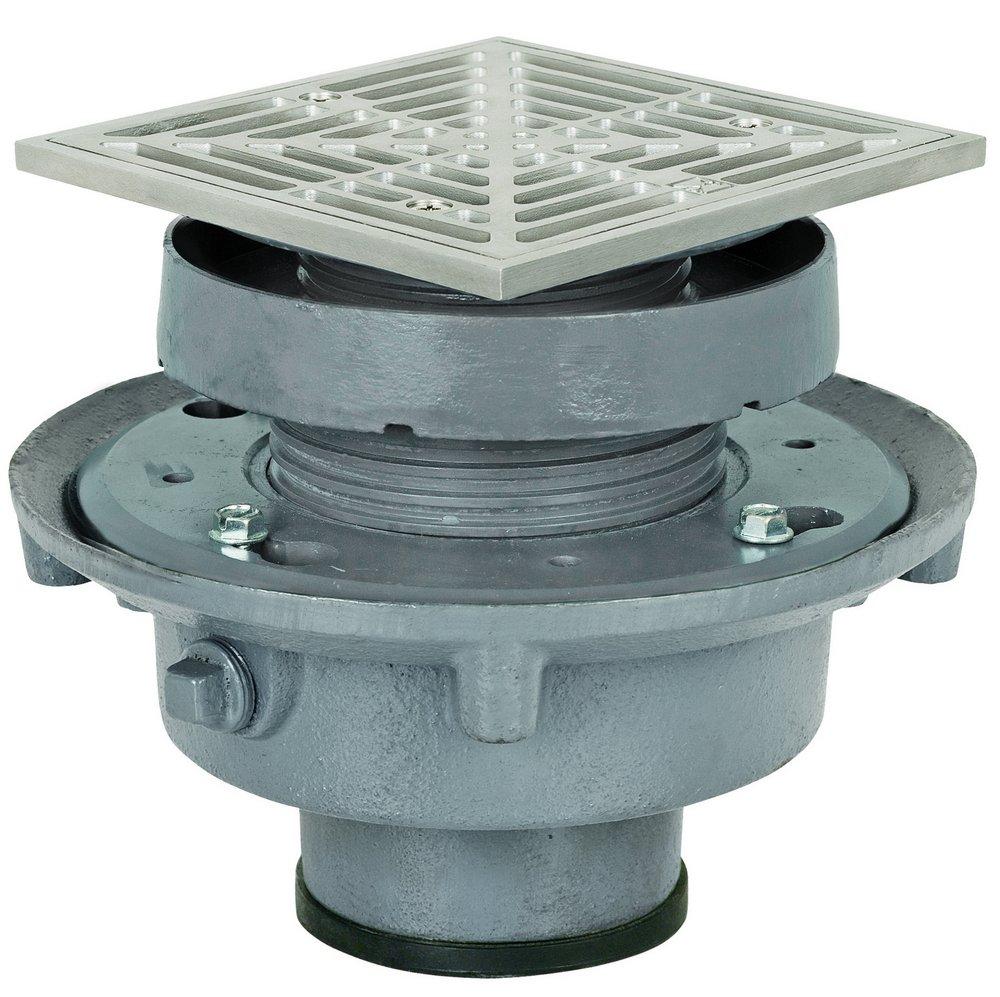 Sioux Chief Push Joint Cast Iron Floor Drain Assembly with 5-7/8 in. Square 304 Stainless Steel Grate and Ring and Strainer 