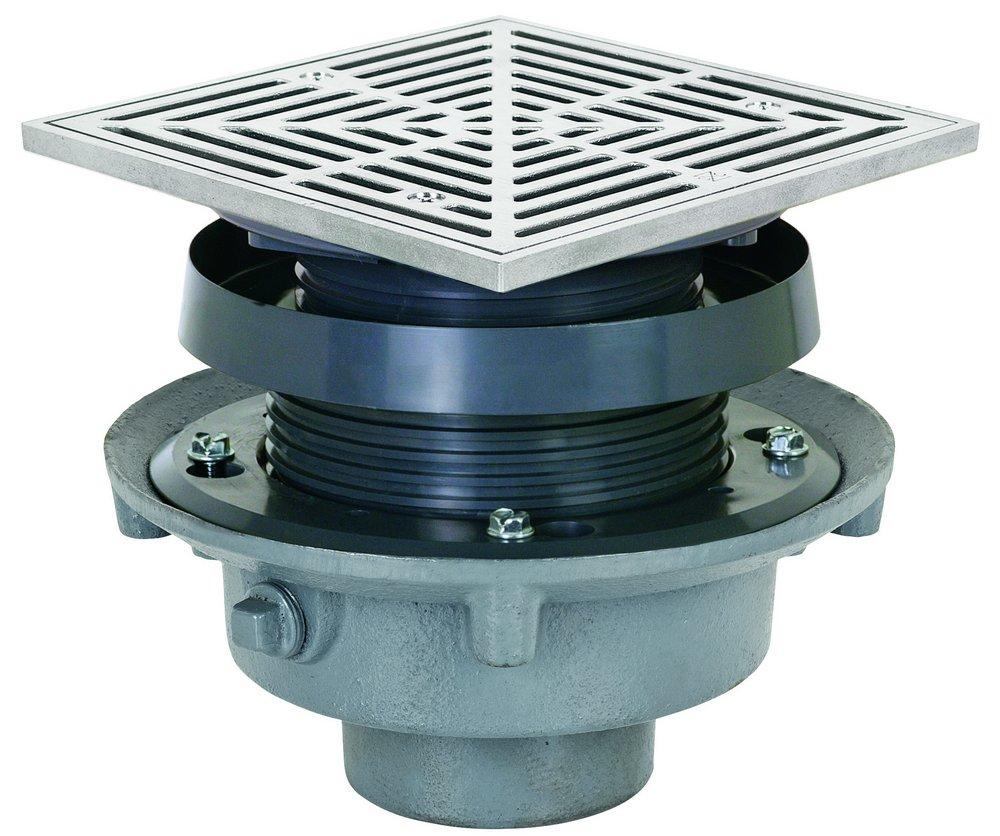 Sioux Chief No Hub Cast Iron Floor Drain Assembly with 7 in. Square 304 Stainless Steel Grate and Ring and Strainer 