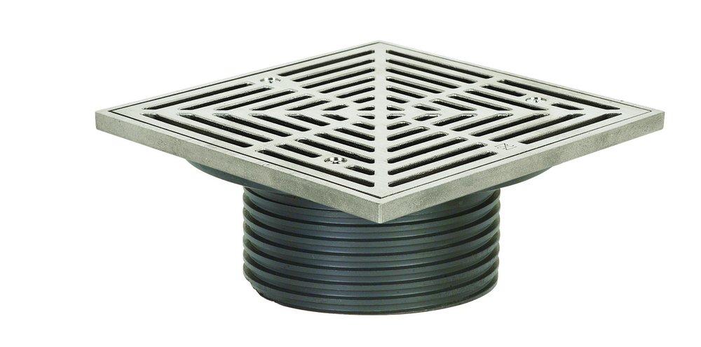 Sioux Chief No Hub Ductile Iron Floor Drain Fixture with 7 in. Square 304 Stainless Steel Grate and Ring and Strainer 