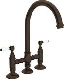 4-Hole Bridge Kitchen Faucet with Double Porcelain Lever Handle in Tuscan Brass