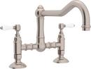 2-Hole Bridge Kitchen Faucet with Double Porcelain Lever Handle in Satin Nickel