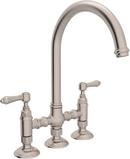 2-Hole Bridge Column Spout Kitchen Faucet with Double Metal Lever Handle in Satin Nickel