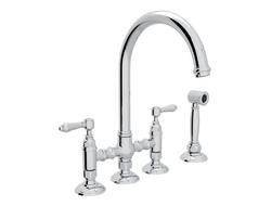 Two Handle Bridge Kitchen Faucet with Side Spray in Polished Chrome