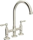 2-Hole Bridge Column Spout Kitchen Faucet with Double Metal Lever Handle in Polished Nickel