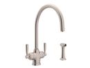 2-Hole Kitchen Faucet with Double Lever Handle Column Spout and Sidespray in Satin Nickel