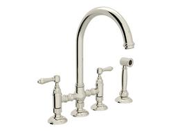 Two Handle Bridge Kitchen Faucet with Side Spray in Polished Nickel