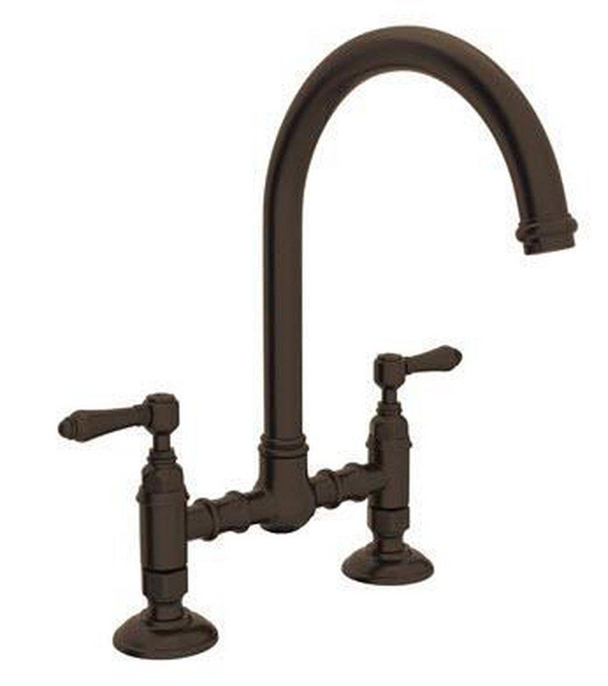 ROHL&reg; Tuscan Brass 2-Hole Bridge Column Spout Kitchen Faucet with Double Metal Lever Handle 