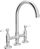 4-Hole Bridge Kitchen Faucet with Double Porcelain Lever Handle in Polished Chrome