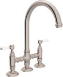 4-Hole Bridge Kitchen Faucet with Double Porcelain Lever Handle in Satin Nickel