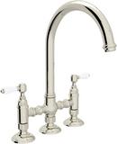 4-Hole Bridge Kitchen Faucet with Double Porcelain Lever Handle in Polished Nickel