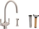 1-Hole Deckmount Kitchen Faucet with Double Lever Handle and Sidespray in Satin Nickel