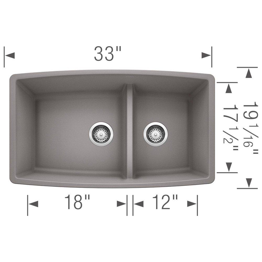 BLANCO Metallic Grey 33 x 19 in. No Hole Composite Double Bowl Undermount Kitchen Sink 