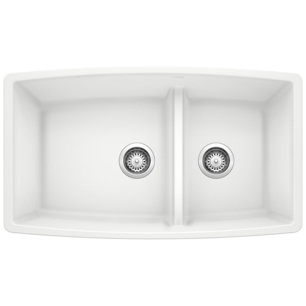 BLANCO White 33 x 19 in. No Hole Composite Double Bowl Undermount Kitchen Sink 