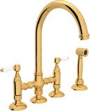 Two Handle Bridge Kitchen Faucet with Side Spray in Inca Brass