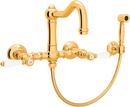 Bridge Kitchen Faucet with Double Lever Mini Porcelain Handle and Sidespray in Inca Brass