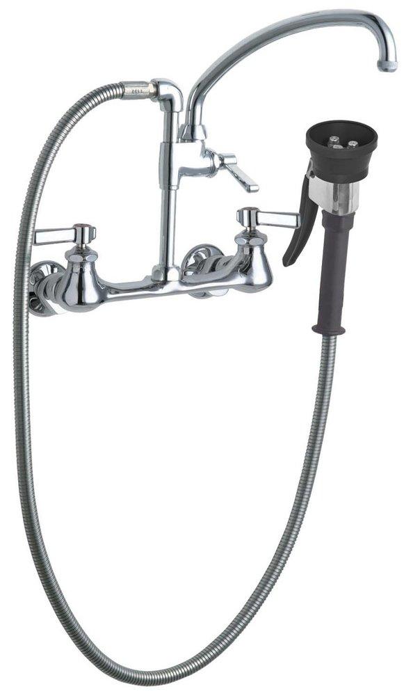 Chicago Faucets Polished Chrome Pre-Rinse Fitting Wall Mount Kitchen Faucet with Double Lever Handle 