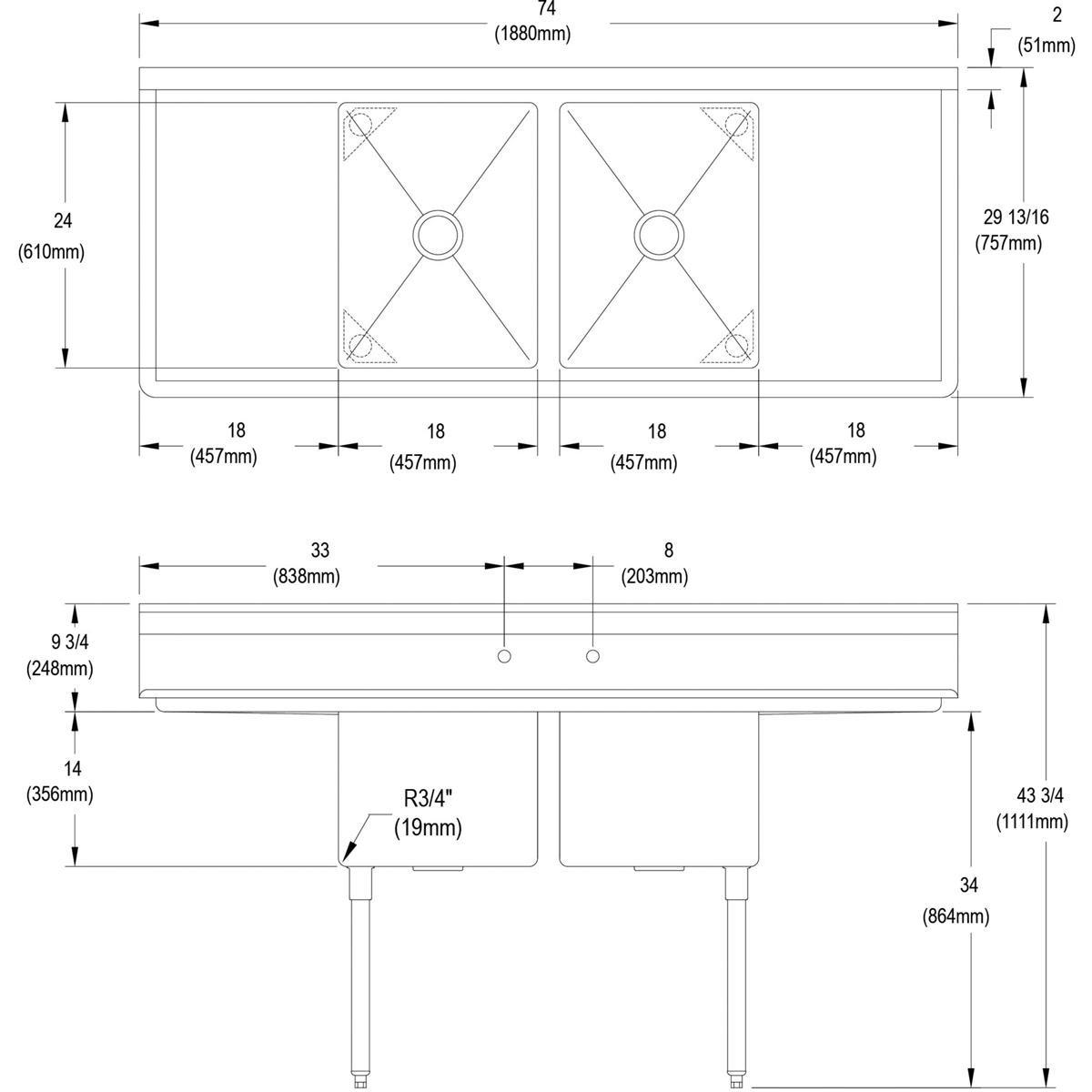 Elkay No. 4 74X30 2 Hole Double Bowl Stainless Steel SCUL SINK 